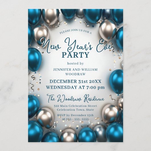 Teal Blue Silver Balloons Confetti New Year's Eve 招待状 (正面)