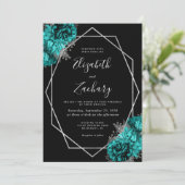 Teal Blue Silver Floral Black Wedding 招待状 (スタンド正面)