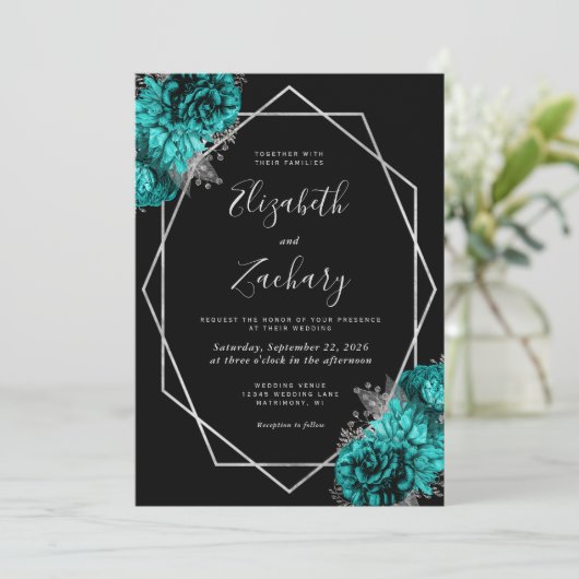 Teal Blue Silver Floral Black Wedding 招待状 (スタンド正面)