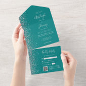 Teal Blue Silver Glitter QR Code Wedding オールインワン招待状 (貼ってはがせる)