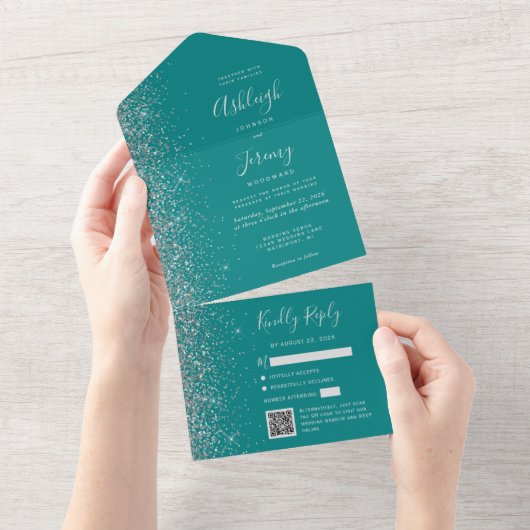 Teal Blue Silver Glitter QR Code Wedding オールインワン招待状 (貼ってはがせる)