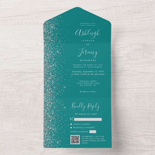 Teal Blue Silver Glitter QR Code Wedding オールインワン招待状 (内側)