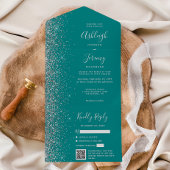 Teal Blue Silver Glitter QR Code Wedding オールインワン招待状