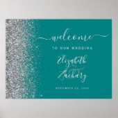 Teal Blue Silver Glitter Wedding Welcome Sign ポスター (正面)