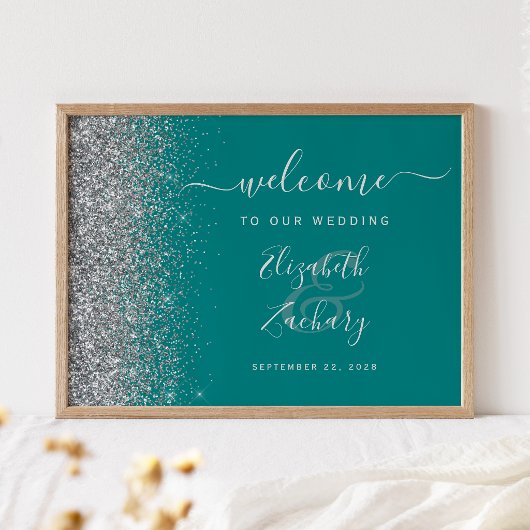 Teal Blue Silver Glitter Wedding Welcome Sign ポスター