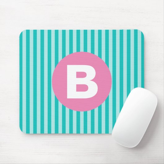 Teal Blue Vertical Striped Pink Circle Monogram マウスパッド (マウス)