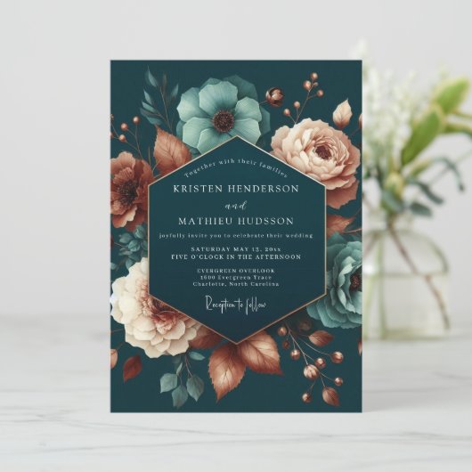 Teal Blush Anemone Wedding 招待状 (スタンド正面)