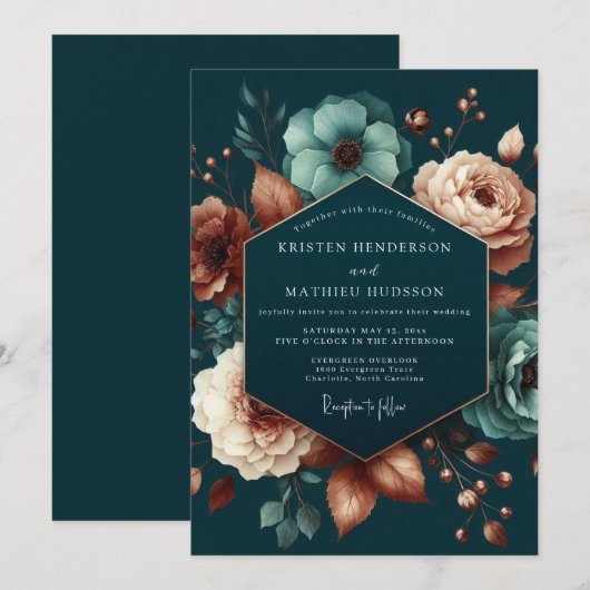Teal Blush Anemone Wedding 招待状 (正面/裏面)