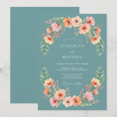 Teal Blush Bloom Garland Wedding 招待状 (正面/裏面)