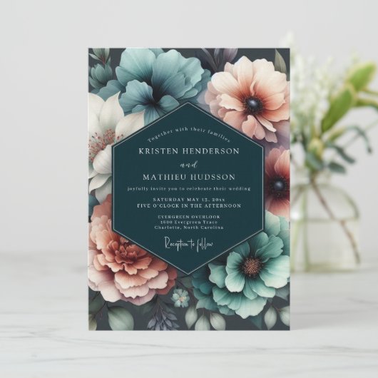 Teal Blush Chiaroscuro Wedding 招待状 (スタンド正面)