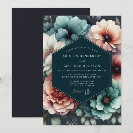 Teal Blush Chiaroscuro Wedding 招待状 (正面/裏面)