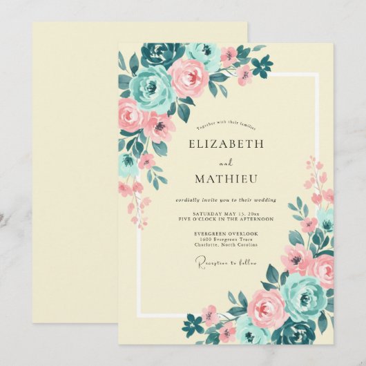 Teal Blush Enchanting Spring Wedding 招待状 (正面/裏面)