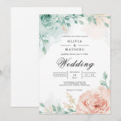 Teal & Blush Floral Arch Wedding 招待状 (正面/裏面)