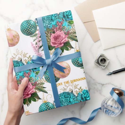 Teal & Blush Floral Elegant Personalized Christmas ラッピングペーパー (ギフト)