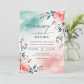 Teal Blush Floral Romance Wedding 招待状 (スタンド正面)