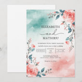 Teal Blush Floral Romance Wedding 招待状 (正面/裏面)