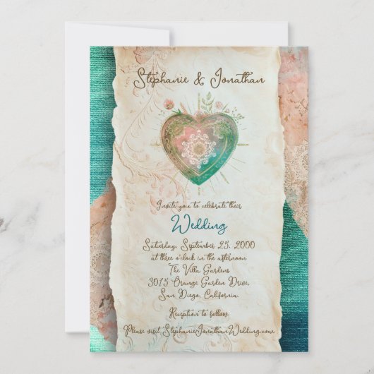 Teal Blush Lace Heart Baroque Romance Wedding 招待状 (正面)