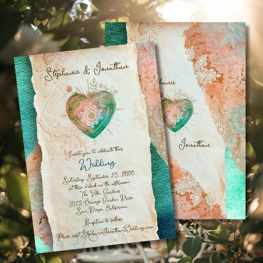 Teal Blush Lace Heart Baroque Romance Wedding 招待状