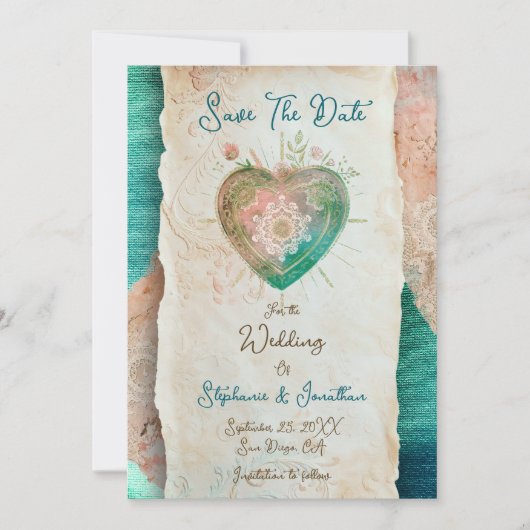 Teal Blush Lace Heart Baroque Save the Date (正面)