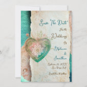 Teal Blush Lace Heart Rococo Wedding Save the Date (正面)