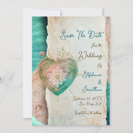Teal Blush Lace Heart Rococo Wedding Save the Date (正面)