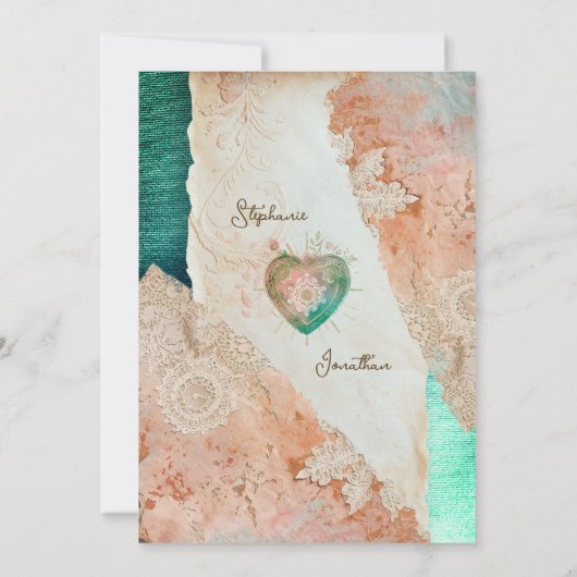 Teal Blush Lace Heart Rococo Wedding Save the Date (裏面)