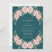 Teal Blush Rose Blossom Wedding 招待状 (正面)