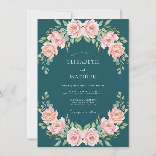 Teal Blush Rose Blossom Wedding 招待状 (正面)