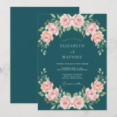 Teal Blush Rose Blossom Wedding 招待状 (正面/裏面)