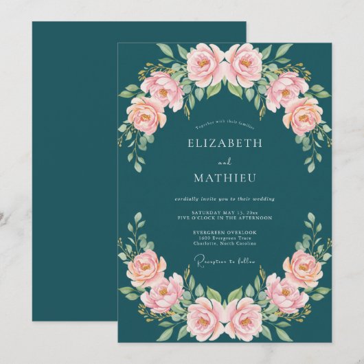 Teal Blush Rose Blossom Wedding 招待状 (正面/裏面)