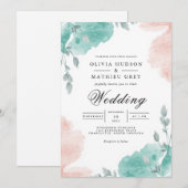 Teal Blush Wash Floral Wedding 招待状 (正面/裏面)
