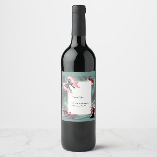 Teal & Blush Wedding Wine Bottle Label ワインラベル (正面)