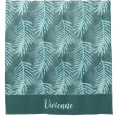 Teal Boho Watercolor Tropical Leaf Monogram シャワーカーテン (正面)