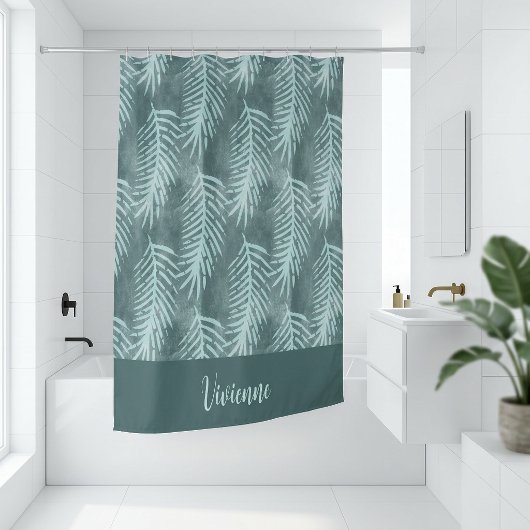 Teal Boho Watercolor Tropical Leaf Monogram シャワーカーテン