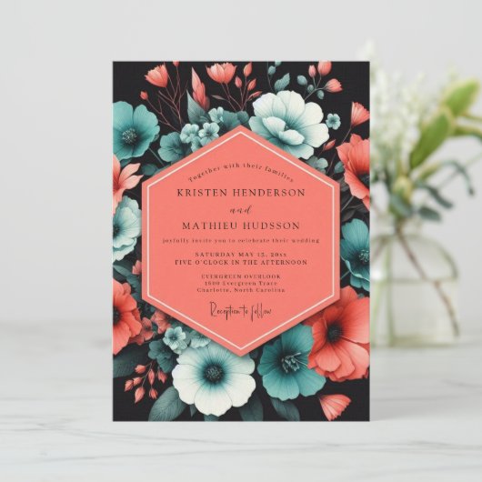 Teal Bold Bloom Wedding 招待状 (スタンド正面)