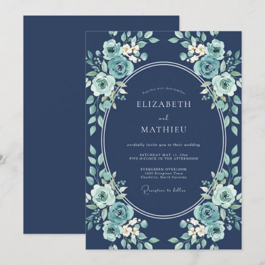 Teal Botanical Bliss Wedding 招待状 (正面/裏面)
