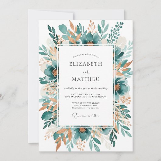 Teal Botanical Bloom Wedding 招待状 (正面)