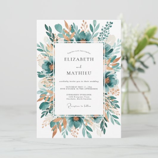 Teal Botanical Bloom Wedding 招待状 (スタンド正面)