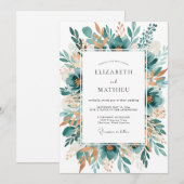 Teal Botanical Bloom Wedding 招待状 (正面/裏面)