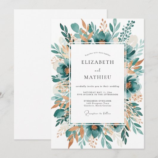 Teal Botanical Bloom Wedding 招待状 (正面/裏面)