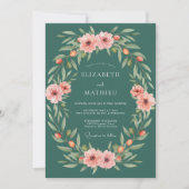 Teal Botanical Blossom Wedding 招待状 (正面)