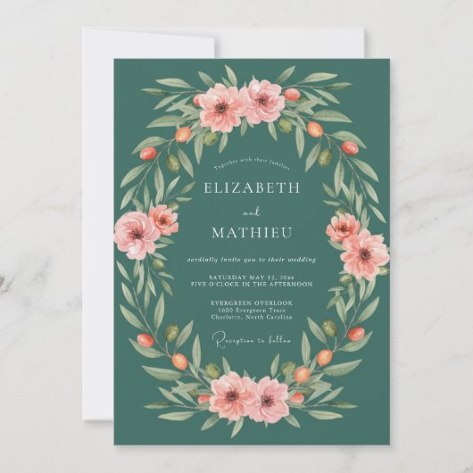 Teal Botanical Blossom Wedding 招待状 (正面)