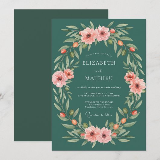 Teal Botanical Blossom Wedding 招待状 (正面/裏面)