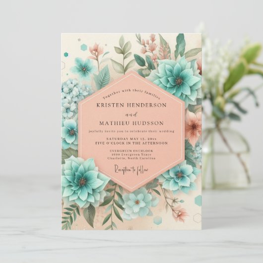 Teal Botanical Enchantment Wedding 招待状 (スタンド正面)