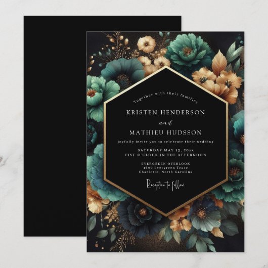 Teal Botanical Opulent Wedding 招待状 (正面/裏面)