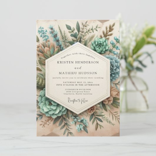 Teal Botanical Romance Wedding 招待状 (スタンド正面)