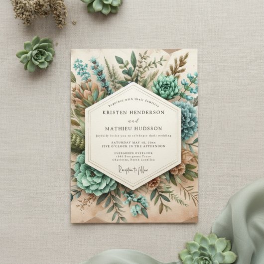 Teal Botanical Romance Wedding 招待状