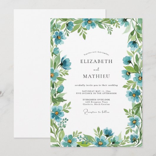 Teal Botanical Spring Wedding 招待状 (正面/裏面)