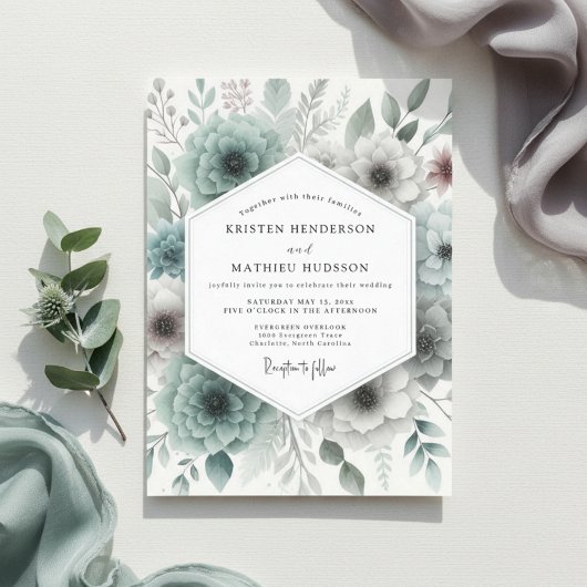 Teal Botanical Woodland Wedding 招待状
