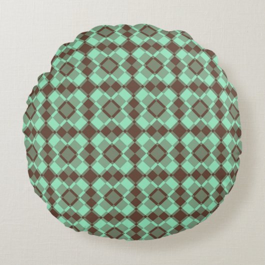 Teal Brown Checker Argyle Pattern ラウンドクッション (正面)